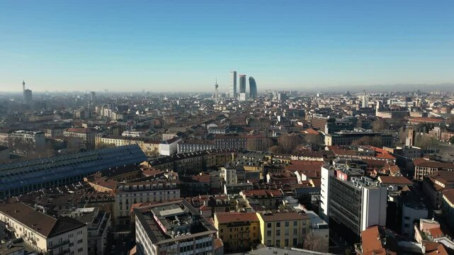 Europe, Italy, Milan 01,30,2025 drone aerial view of Garibaldi Railway station , arrive in  Milan fashion city downtown with Frecciarossa train  