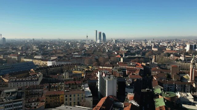 Europe, Italy, Milan 01,30,2025 drone aerial view of Garibaldi Railway station , arrive in  Milan fashion city downtown with Frecciarossa train  