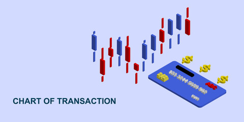 Isometric chart of transacion illustration. Icon 3D of candlestick chart and debit card. Vector design.
