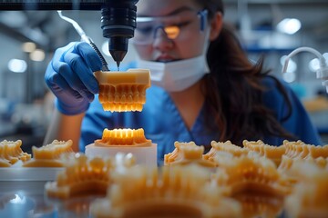 A laboratory technician adjusts a 3D printer as it creates dental models from resin. The technician wears protective gear, focusing intently on the printing process amidst cluttered workspaces
