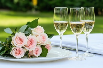Romantic Wedding Setting With Roses And Champagne