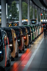 Obraz premium A queue of electric cars is stationed at a contemporary urban transport hub during twilight. The glowing lights create a vibrant atmosphere as people move around