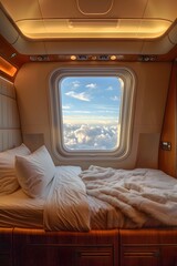 A spacious flight cabin features a plush bed adorned with soft blankets and pillows, offering a breathtaking view of clouds outside the large window. Natural light illuminates the interior