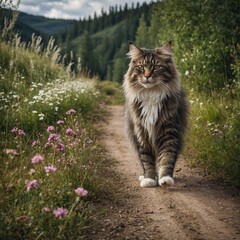 Obraz premium tabby white british shorthair cat observing the back yard Medium shot portrait photography of a cute neva masquerade cat jumping while standing against garden backdrop Little cat walking in the 