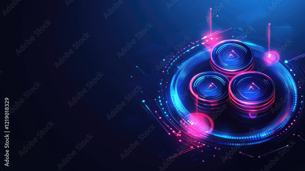 Poster a futuristic representation of digital coins and blockchain connections on a tech-inspired backgroun