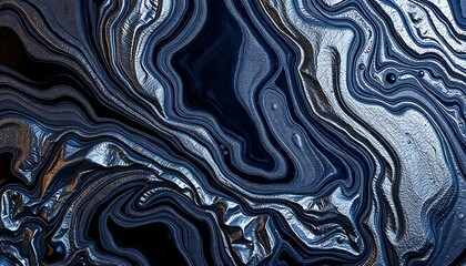Obraz premium A textured close-up of molten silver swirling with dark navy and black, creating a mesmerizing liquid metal effect with high gloss reflections