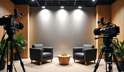 The interior of a studio is set up for podcasting and interviews, featuring two chairs
