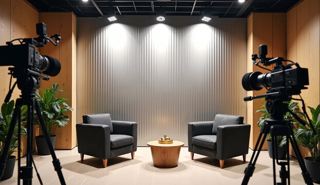 The interior of a studio is set up for podcasting and interviews, featuring two chairs