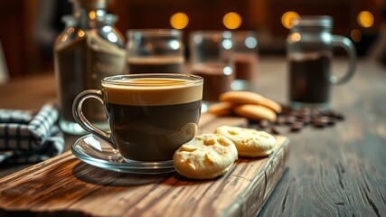 Coffee & Biscuit on Wooden Board - Cafe Still Life, High-Quality Image