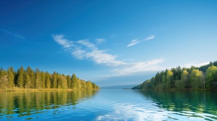 Obraz premium A serene view of a tranquil lake surrounded by lush green trees under a bright blue sky, reflecting the calm waters and creating a peaceful atmosphere.