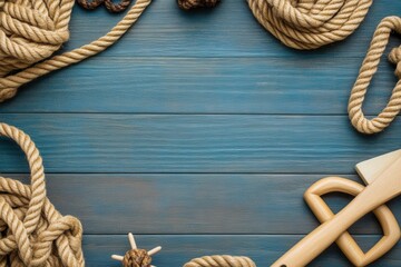 Rustic Nautical Rope and Wood Border on Blue Background