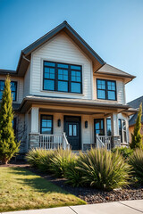 Obraz premium Luxury Modern House Exterior: Dream Home Design and Architecture. Contemporary Beige Facade with Gray Accents and Lush Landscaping. Perfect Suburban Residence.