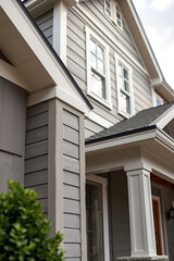 Modern Gray House Exterior with White Columns and Porch. Beautiful Home Design and Architecture. Real Estate, Property, Residential Structure