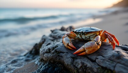 Create an ultra-realistic image of a lone crab resting on a piece of driftwood washed up on the beach, with the ocean in the background. The crab’s shell should have visible details like barnacles 