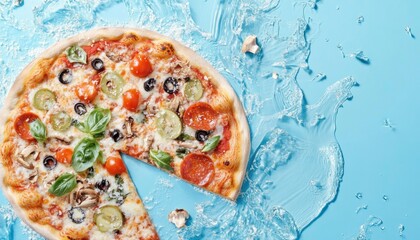 Experience a modern gourmet pizza with a mix of fusion-inspired flavors and vivid colors This vibrant creation showcases a tantalizing blend of fresh ingredients atop a perfectly baked crust Enjoy a