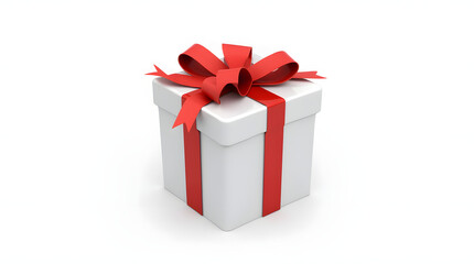 Fototapeta premium White gift box with red ribbon bow, isolated on white