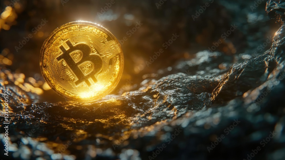 Poster a glowing hologram of blockchain data with a bitcoin coin floating in the foreground.