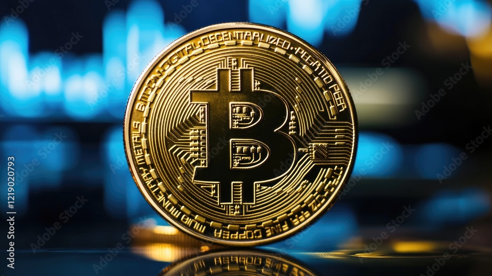 Poster a glowing hologram of blockchain data with a bitcoin coin floating in the foreground.