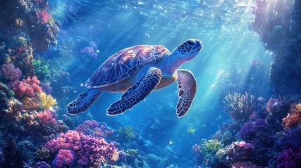 Fototapeta premium Serene Underwater World: A Majestic Sea Turtle Gracefully Navigates Vibrant Coral Reef