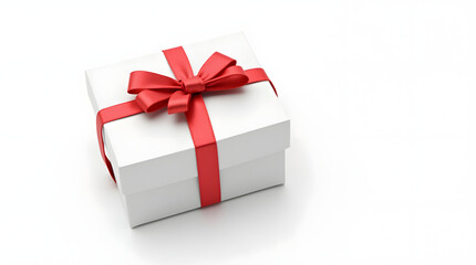 White gift box with red ribbon bow, isolated on white