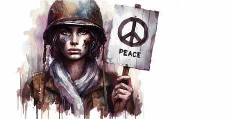 Obraz premium A girl soldier after a battle with a Peace sign. Watercolor war picture