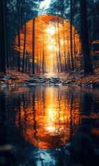 Vibrant autumn forest reflected in calm water near a winding path