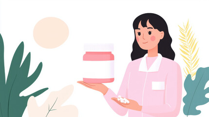 Probiotic illustration, A woman in a pink outfit holds a jar of supplements surrounded by plants, presenting a fresh and healthy lifestyle concept.