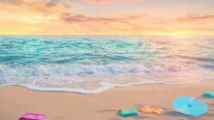 A picturesque beach scene with turquoise water lapping at the shore, vibrant umbrellas and towels on the sand, and a sunset casting warm orange and pink hues across the sky.