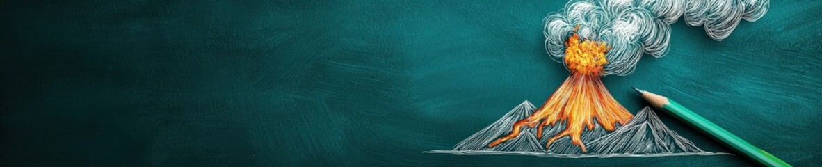 Colorful Chalk Drawing of an Erupting Volcano on Board
