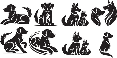 Obraz premium Set of 8 black and white Dogs, Vector files