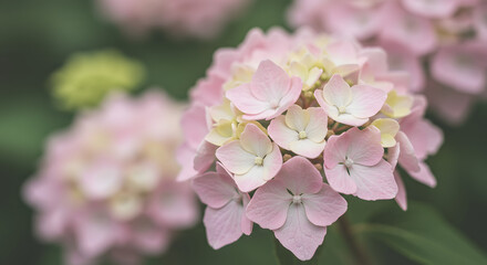 A gentle natural floral backdrop featuring soft pink pastel hues, showcasing close-up views of Hydrangea flowers in a serene, blurred setting