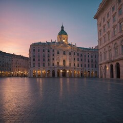 Fototapeta premium A tranquil radiant dusk in a calm, empty city square, where the sky glows in pastel tones, and the buildings stand silhouetted in the soft evening light.