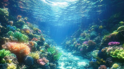 Fototapeta premium Vibrant Coral Reef Undersea Landscape Sunlit Scene