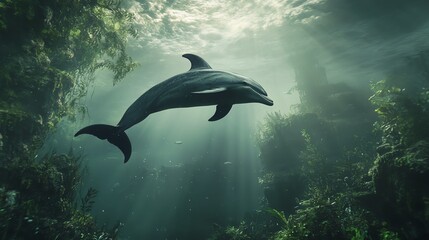 A graceful dolphin swimming in a vibrant underwater ecosystem, surrounded by lush greenery and sunlight filtering through the water. A perfect representation of oceanic beauty.