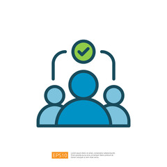 three stylized figures with a checkmark above them, symbolizing approval or agreement in a group setting. Flat line style icon