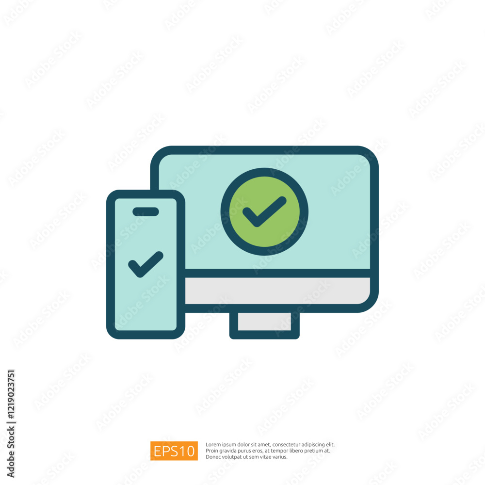 Poster a computer and a smartphone, both displaying check marks, symbolizing successful completion or verif