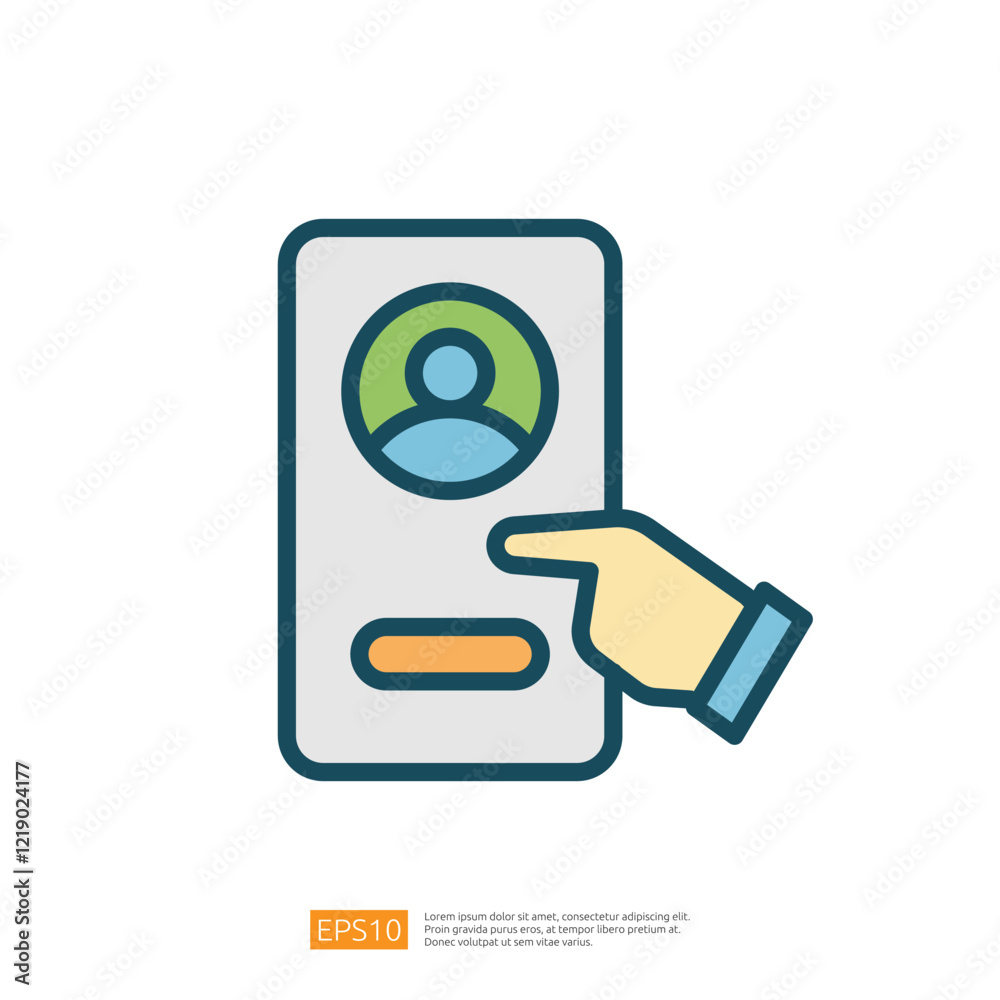Poster an illustration of a user profile interface with a hand pointing at it, suggesting interaction or se