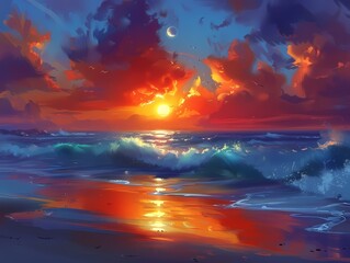 Fototapeta premium Sunset on a beach with vibrant reflections and gentle waves.