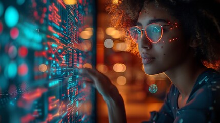 A dynamic depiction of a diverse team brainstorming ideas on a glass board in a modern office with glowing data visuals