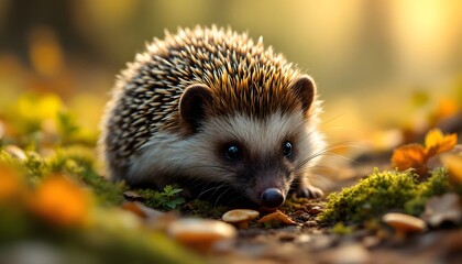 Fototapeta premium An ultra-realistic close-up shot of a European hedgehog foraging in a serene forest clearing. The hedgehog is partially curled, with its spines glistening in the soft morning sunlight. Its tiny nose 