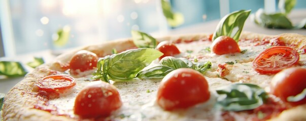 Savor the flavors of Italy with this delicious vegetarian pizza, showcasing vibrant cherry tomatoes and fresh basil leaves Discover easy pizza recipes that bring authentic Italian taste to your