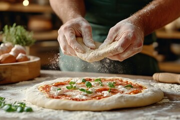 Witness the art of pizza making with this classic pizza dough preparation scene, with flour dust clouds and hands shaping the base See the process of creating an authentic pizza, from the careful