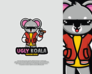 Ugly koala smoking logo Cartoon vector illustration