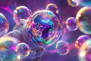 A surreal digital artwork of an astronaut floating in colorful bubbles, with vibrant colors and swirling patterns around them. 