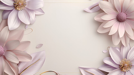 flowers frame background, light pink and dark beige style, paper cut art, large soft pale blue marigold like small rose details, gold line decoration around corners.