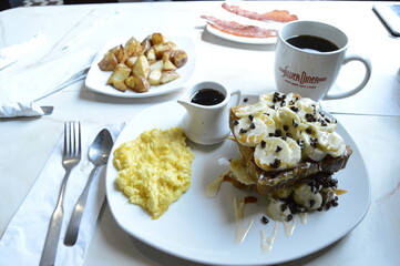 Breakfast diner eggs and banana french toast