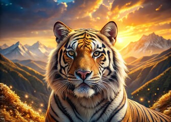 Majestic Tiger Portrait: Gold, Silver, and Glitter Fantasy Landscape