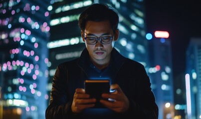 Man using mobile phone and laptop for online work amidst glowing digital network at night, showcasing IoT, E-commerce, and global business themes in an outdoor setting., Generative AI