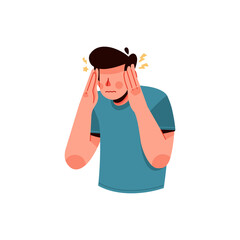 Illustration of male character suffers from headaches and migraines. Seasonal flu symptom. Man feels stressed. Flat vector design isolated on white background