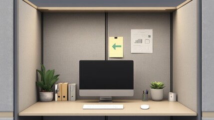 A modern cubicle setup with a desktop computer, motivational poster, and a succulent plant.
